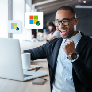 Guy Celebrating with Microsoft Logo