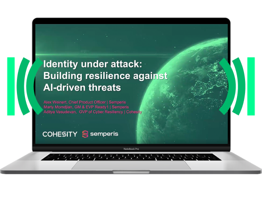 Diapositive du webinaire : « Identité attaquée » avec une image de la Terre, les logos Cohesity et Semperis, et les noms des intervenants.
