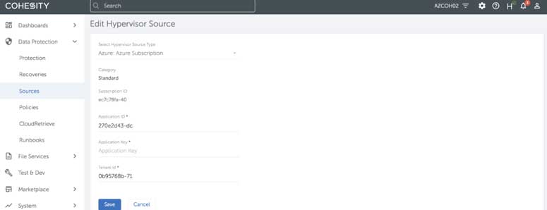 Figure 1 - Cohesity Source for Azure Subscription Configuration
