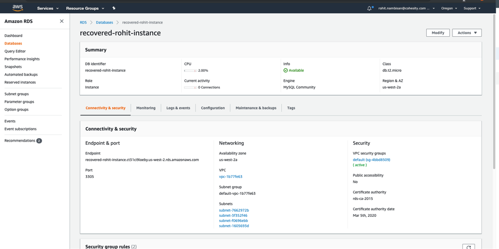 Recovered RDS in AWS console