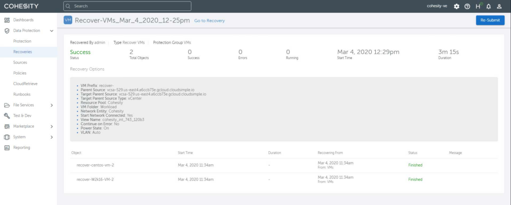 Figure 7 - Successful recovery of VM to Google Cloud VMware Engine environment