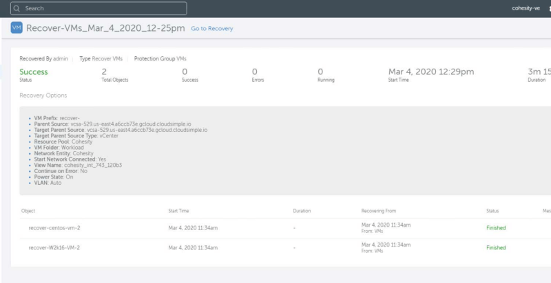 Figure 7 - Successful recovery of VM to Google Cloud VMware Engine environment