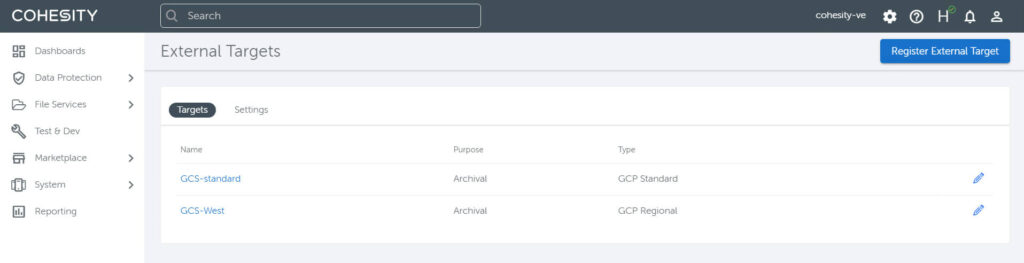 Figure 3 - Google Cloud Storage archive targets for long term retention