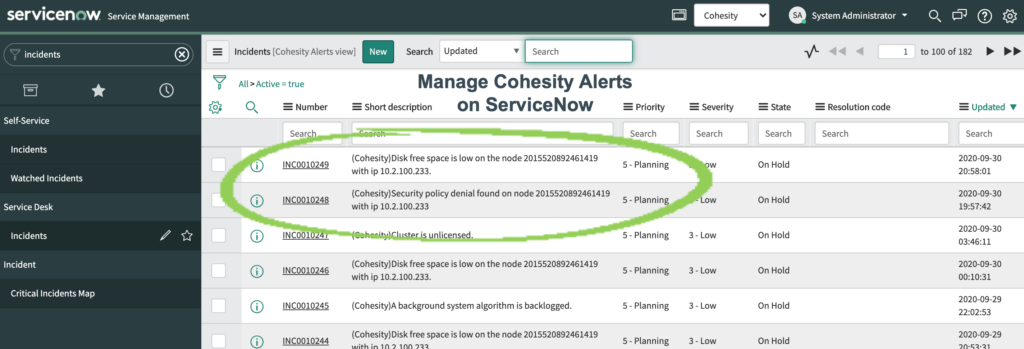 Use Webhooks to Manage Cohesity Alerts in Servicenow Screen Shot | Incidents
