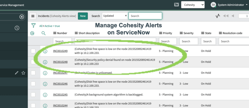 Use Webhooks to Manage Cohesity Alerts in Servicenow Screen Shot | Incidents