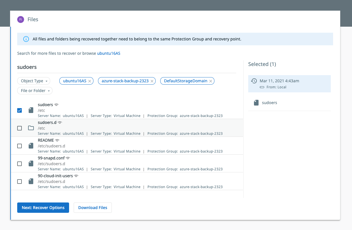 Azure Stack Hub File Recovery Screenshot | VMs in Recovery Dashboard Recovery Options