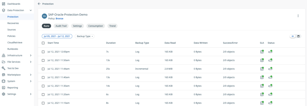 Cohesity Protection Job table | SAP Oracle Protection Demo Screenshot