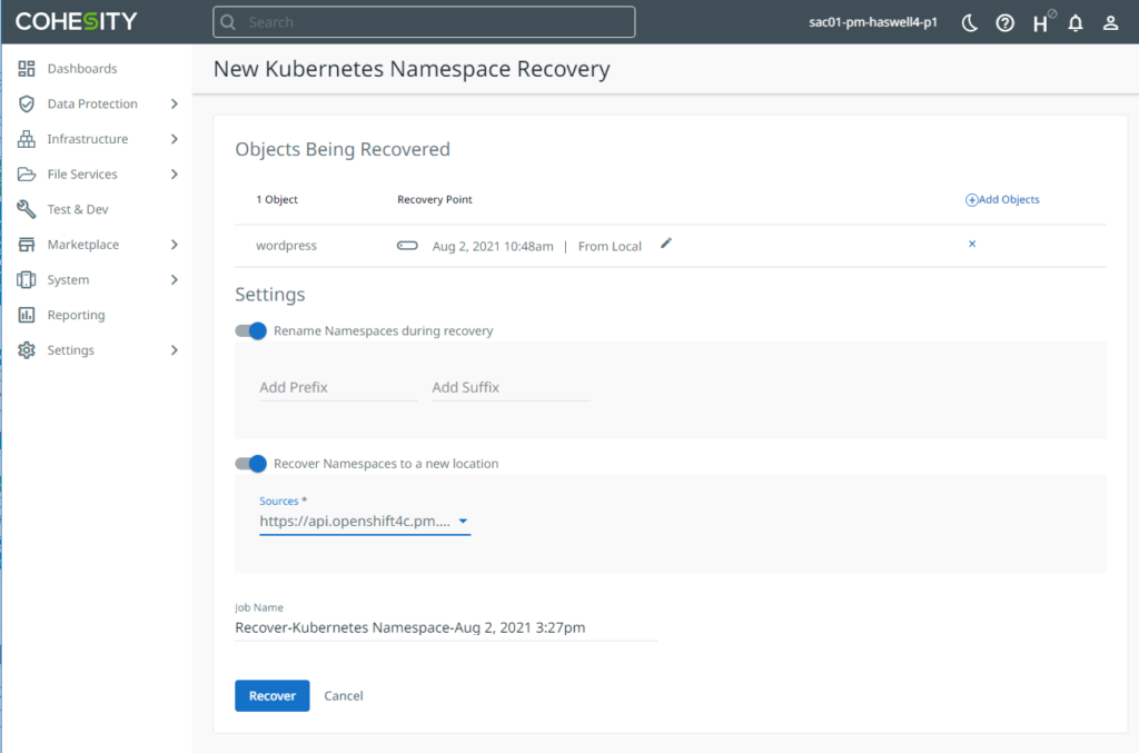 Kubernetes Namspace Recovery Screenshot | Enterprise-class Backup 