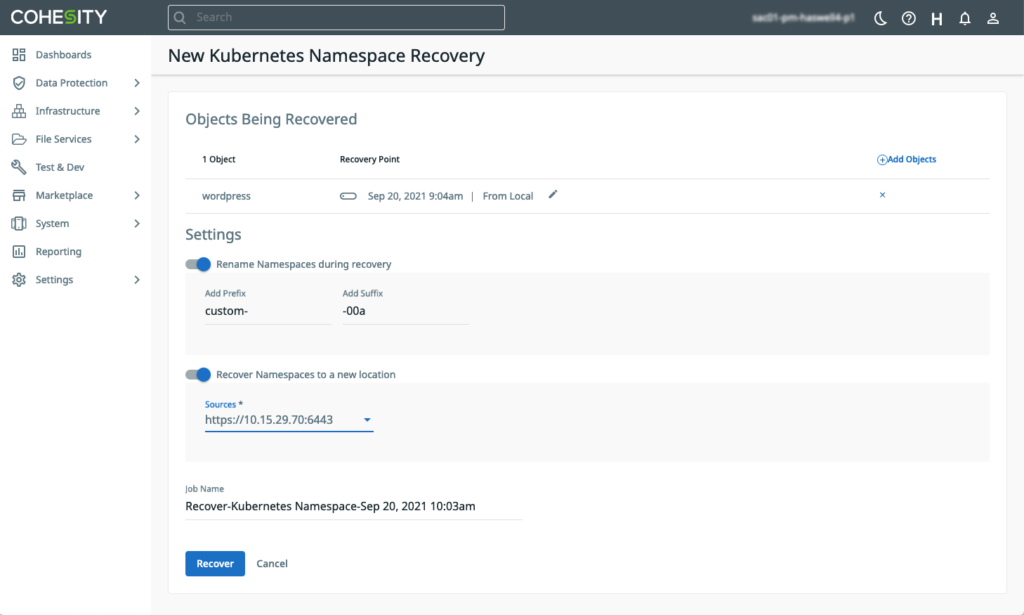 Figure 5 Tanzu Kubernetes Namespace Restore Adding Prefix Suffix and to an Alternative Tanzu Cluster 