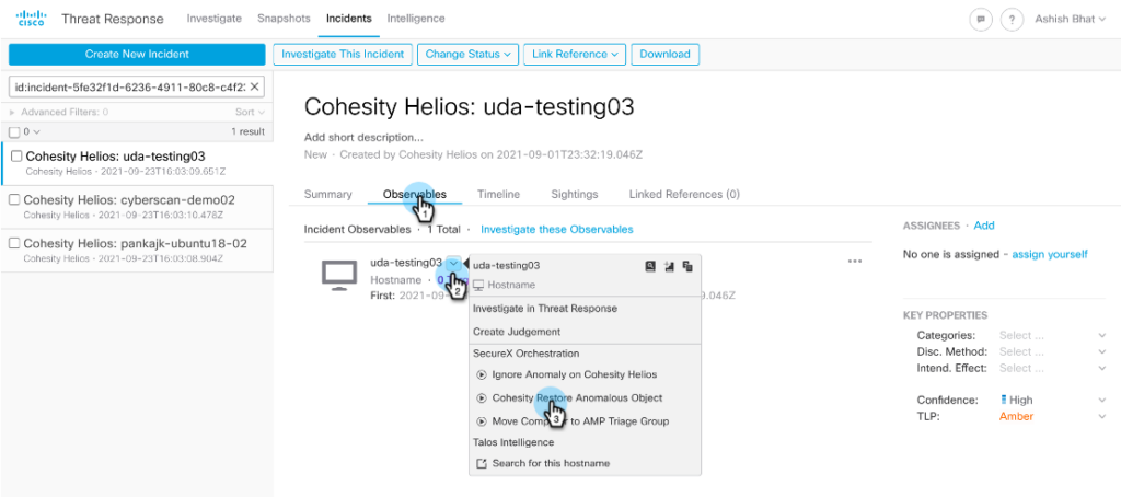 Cohesity Helios - Under Observable, click the dropdown for the hostname and select Cohesity Restore Anomalous Object