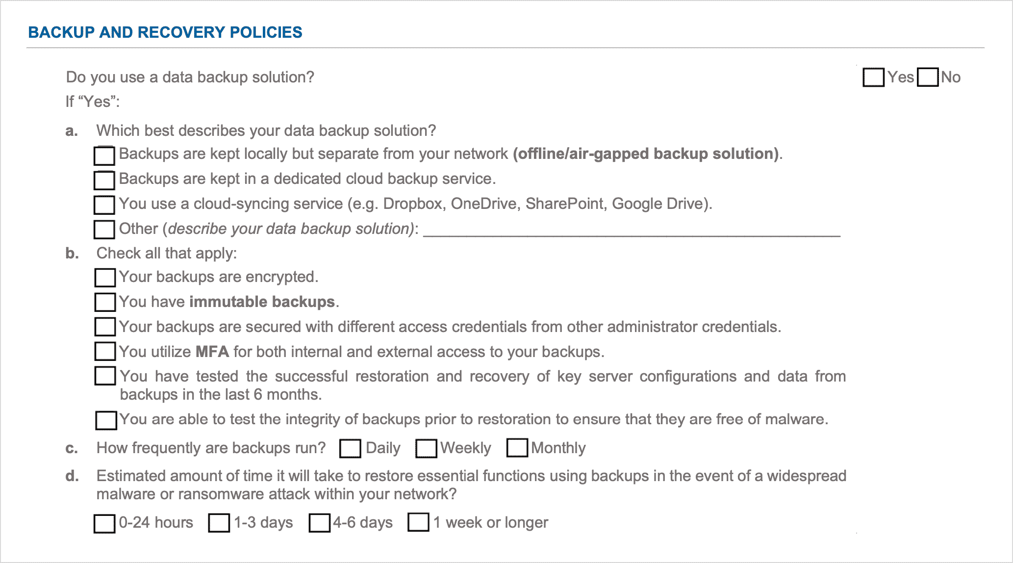 Screenshot - Cyber insurance application under the backup and recovery policies section