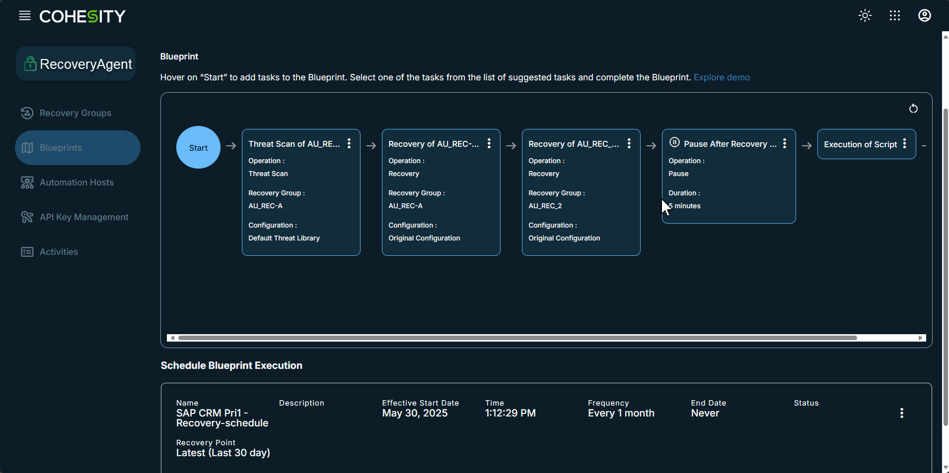 A screenshot of the Cohesity RecoveryAgent UI is seen.