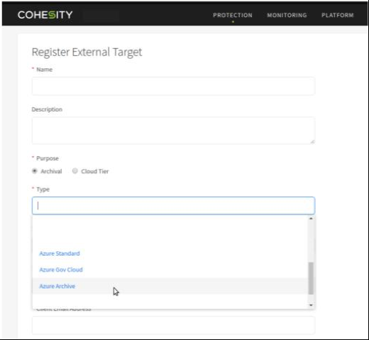 Cohesity and Azure Archive Blob Storage for Long Term Retention | Configuration screen